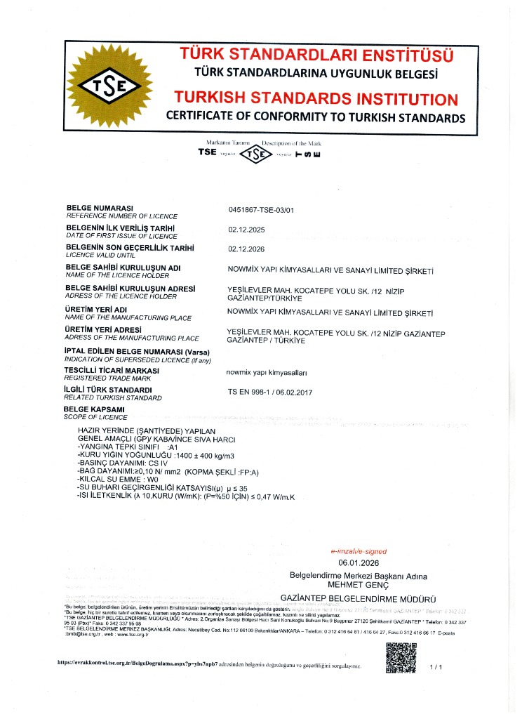 TSE Belgesi - Sıva Harcı